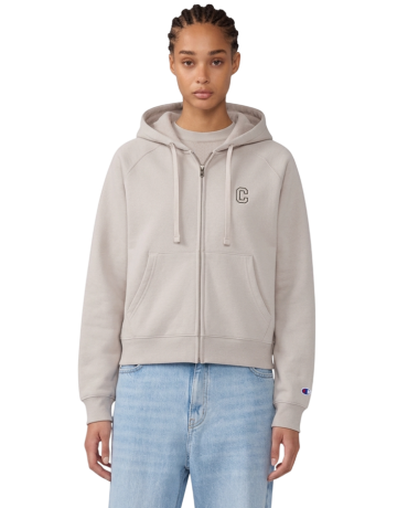 Champion Women’s Shiny Embroidered 'C' Logo Loose Fit Full-Zip Hoodie Sweatshirt "Taupe"