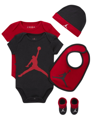 Jordan JHN Jumpman Infants Hat/Bodysuit/Bootie and Bid 5-Pc Set "Red-Black"