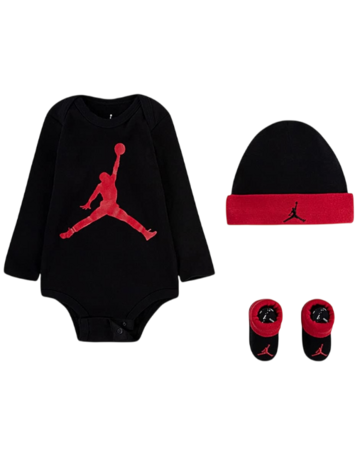 Jordan JHN Jumpman Infants Hat/Bodysuit long sleeve/Bootie Set 3pc "Black Red"