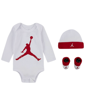 Jordan JHN Jumpman Infants Hat/Bodysuit long sleeve/Bootie Set 3pc "White Red"