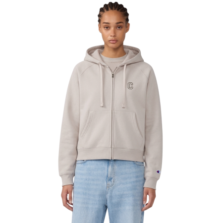 Champion Women’s Shiny Embroidered 'C' Logo Loose Fit Full-Zip Hoodie Sweatshirt "Taupe"