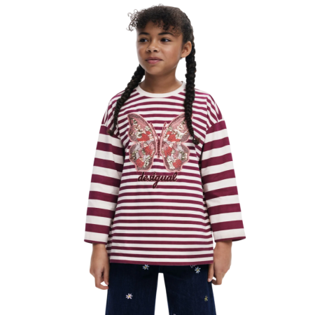 Desigual Striped T-shirt with butterfly beads "Eggplant"