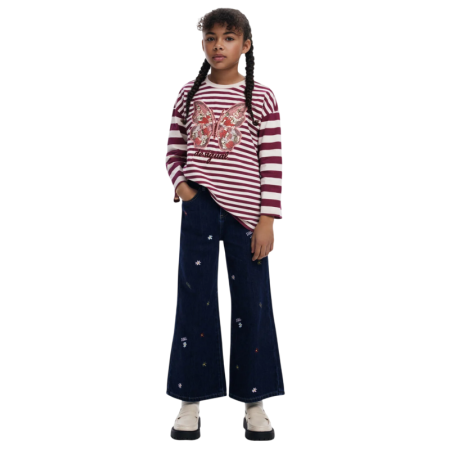 Desigual Striped T-shirt with butterfly beads "Eggplant"